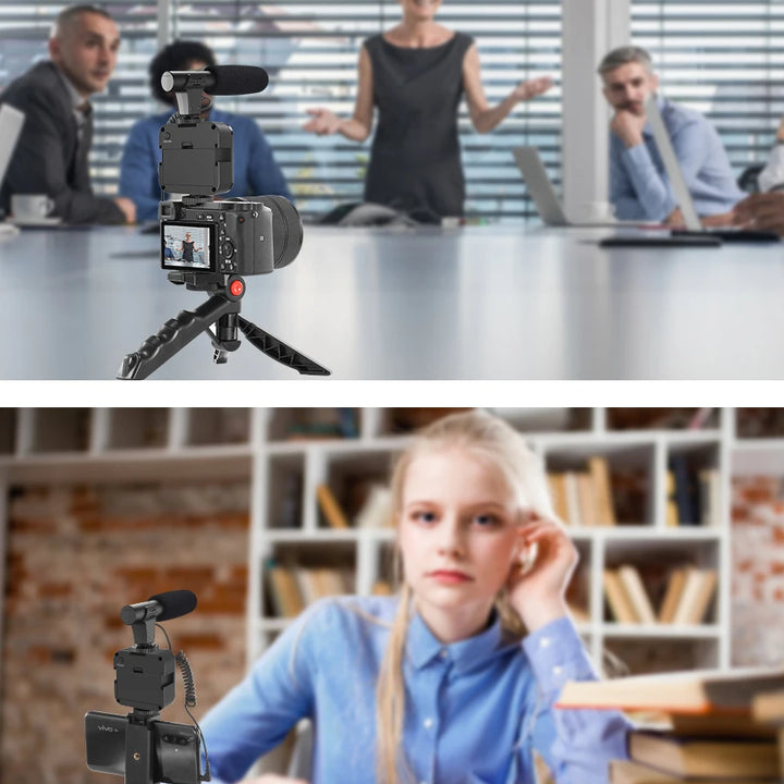 KIT MT01-MT04 Tripé Vlogging com LED, Microfone, Controlo Remoto e Suporte para Telemóvel e Câmaras