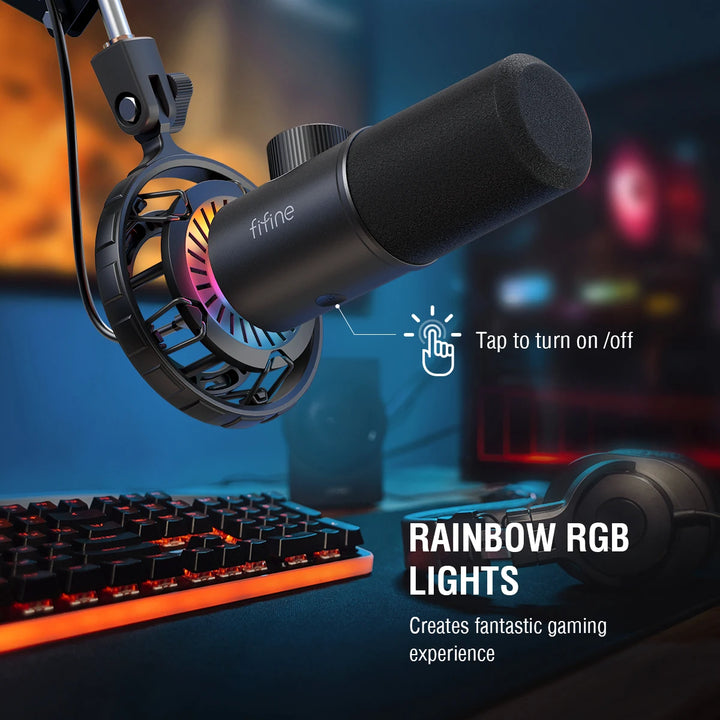 Microfone Dinâmico FIFINE K658 USB com Tap-to-Mute, RGB e Jack para Auscultadores – Som Profissional para Gaming e Streaming