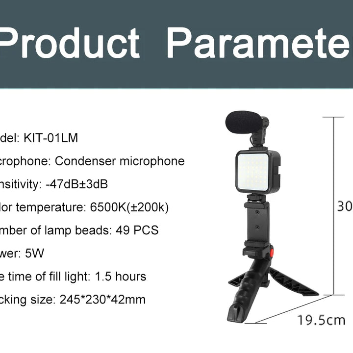 KIT MT01-MT04 Tripé Vlogging com LED, Microfone, Controlo Remoto e Suporte para Telemóvel e Câmaras