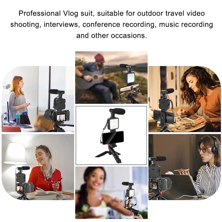 KIT MT01-MT04 Tripé Vlogging com LED, Microfone, Controlo Remoto e Suporte para Telemóvel e Câmaras