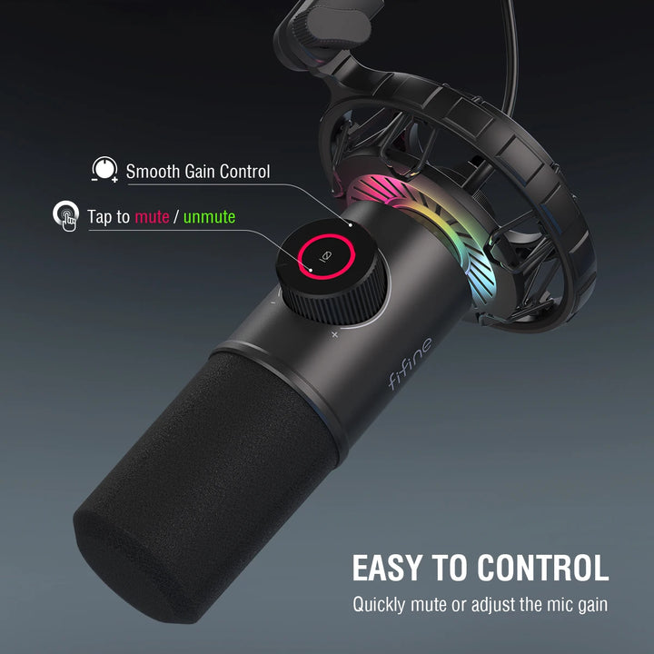 Microfone Dinâmico FIFINE K658 USB com Tap-to-Mute, RGB e Jack para Auscultadores – Som Profissional para Gaming e Streaming