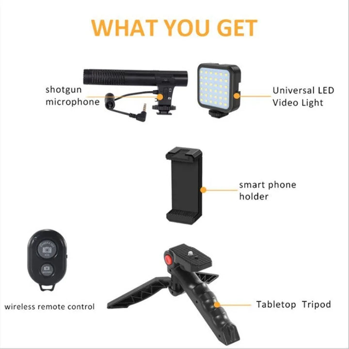 KIT MT01-MT04 Tripé Vlogging com LED, Microfone, Controlo Remoto e Suporte para Telemóvel e Câmaras
