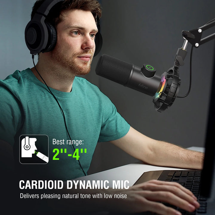 Microfone Dinâmico FIFINE K658 USB com Tap-to-Mute, RGB e Jack para Auscultadores – Som Profissional para Gaming e Streaming