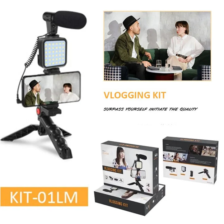 KIT MT01-MT04 Tripé Vlogging com LED, Microfone, Controlo Remoto e Suporte para Telemóvel e Câmaras