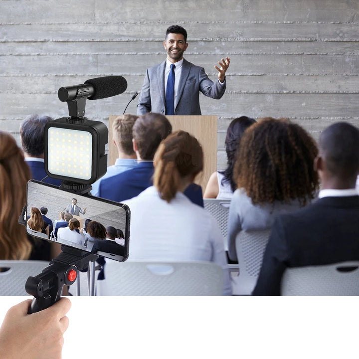 KIT MT01-MT04 Tripé Vlogging com LED, Microfone, Controlo Remoto e Suporte para Telemóvel e Câmaras