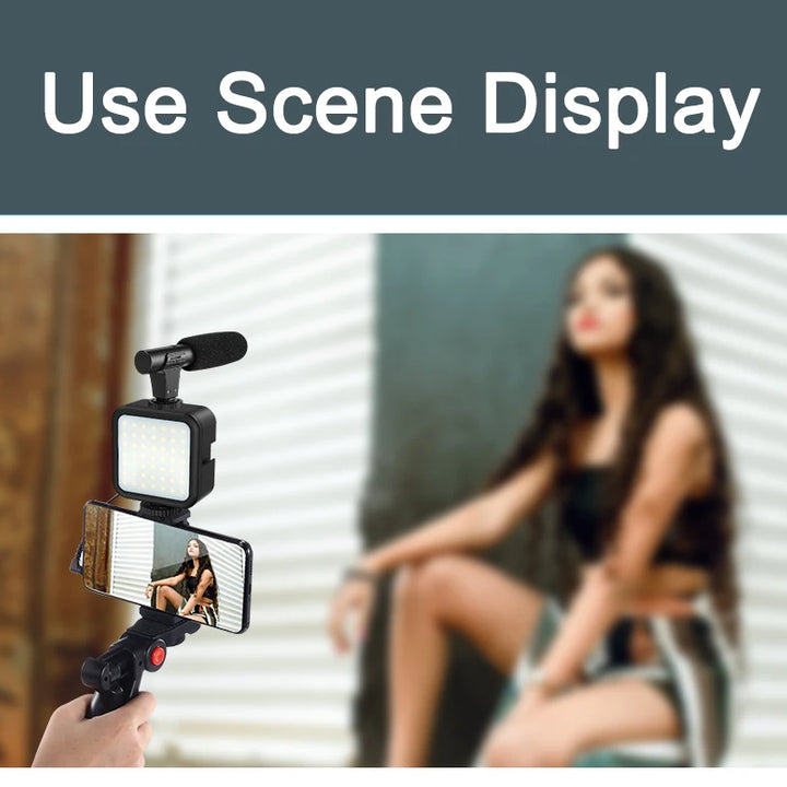 KIT MT01-MT04 Tripé Vlogging com LED, Microfone, Controlo Remoto e Suporte para Telemóvel e Câmaras