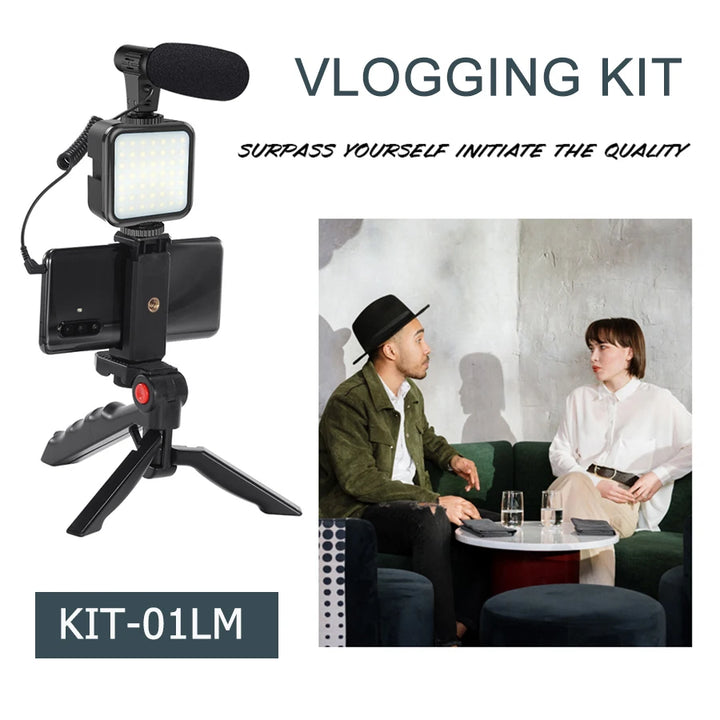 KIT MT01-MT04 Tripé Vlogging com LED, Microfone, Controlo Remoto e Suporte para Telemóvel e Câmaras