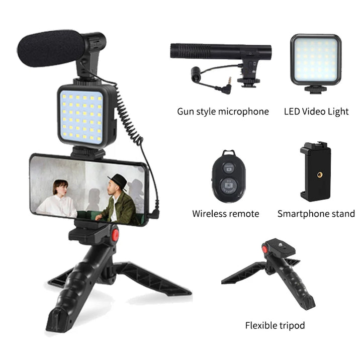 KIT MT01-MT04 Tripé Vlogging com LED, Microfone, Controlo Remoto e Suporte para Telemóvel e Câmaras
