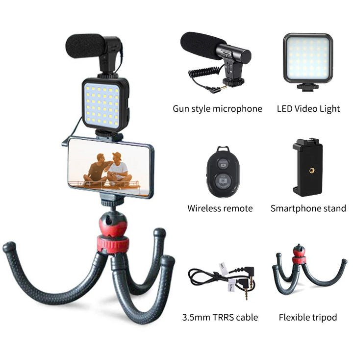 KIT MT01-MT04 Tripé Vlogging com LED, Microfone, Controlo Remoto e Suporte para Telemóvel e Câmaras
