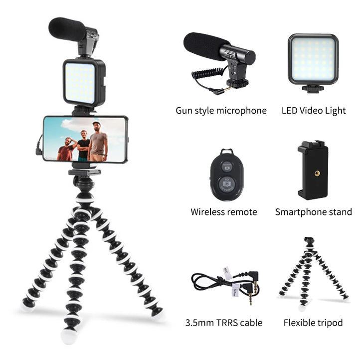 KIT MT01-MT04 Tripé Vlogging com LED, Microfone, Controlo Remoto e Suporte para Telemóvel e Câmaras