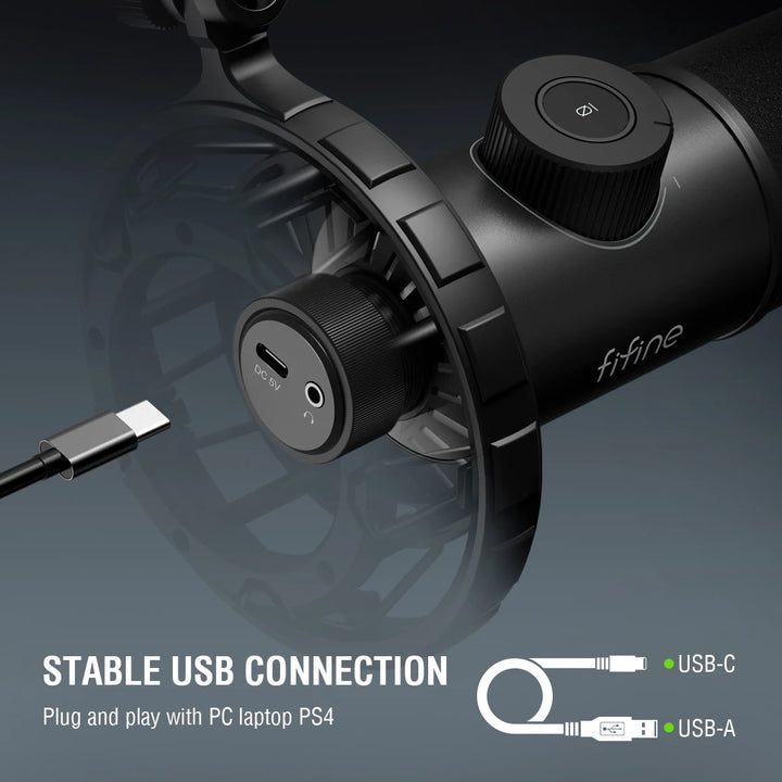 Microfone Dinâmico FIFINE K658 USB com Tap-to-Mute, RGB e Jack para Auscultadores – Som Profissional para Gaming e Streaming