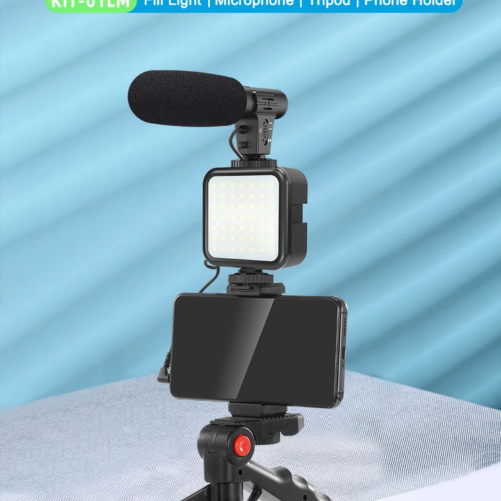 KIT MT01-MT04 Tripé Vlogging com LED, Microfone, Controlo Remoto e Suporte para Telemóvel e Câmaras