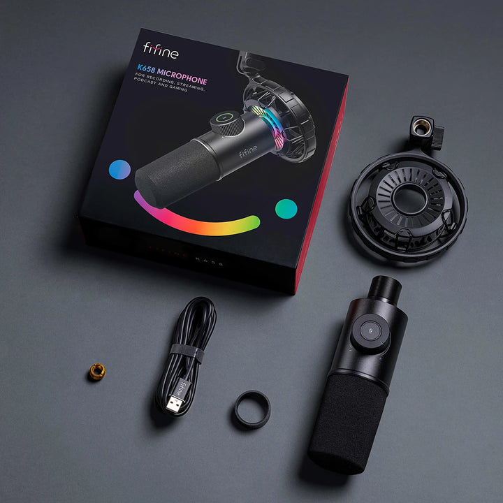 Microfone Dinâmico FIFINE K658 USB com Tap-to-Mute, RGB e Jack para Auscultadores – Som Profissional para Gaming e Streaming