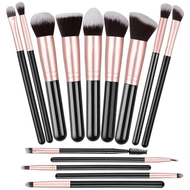 Conjunto Profissional de Pincéis de Maquiagem 14/16 Peças – Cerdas Macias para Olhos, Base, Blush e Corretivo