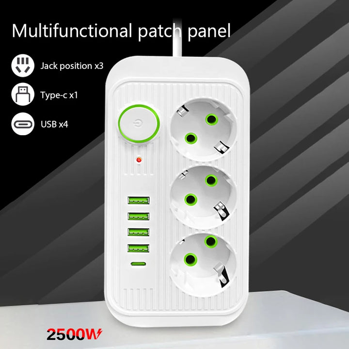 Extensão Elétrica com 3 Tomadas AC + USB Tipo-C | 2 Metros, Multitomada com Filtro de Rede – Ficha EU