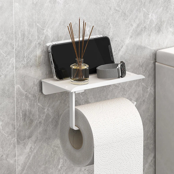 Suporte de Papel Higiénico Adesivo Sem Furos – Porta Rolo e Prateleira Multifuncional para Casa de Banho ou Cozinha