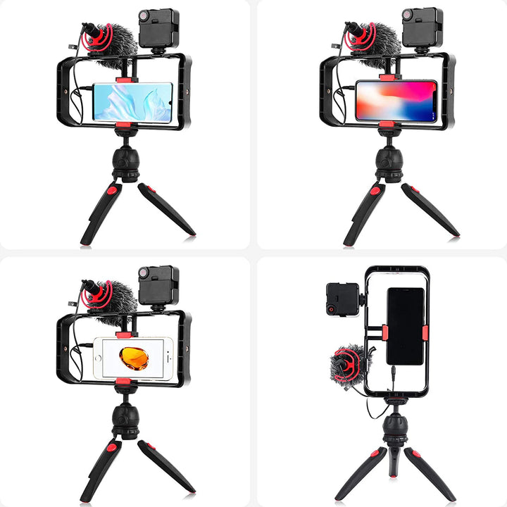 M-REMOTE Rig para smartphone com 3 suportes de sapata, estabilizador de vídeo handheld e suporte para tripé. Ideal para filmagens profissionais e gravações estáveis.