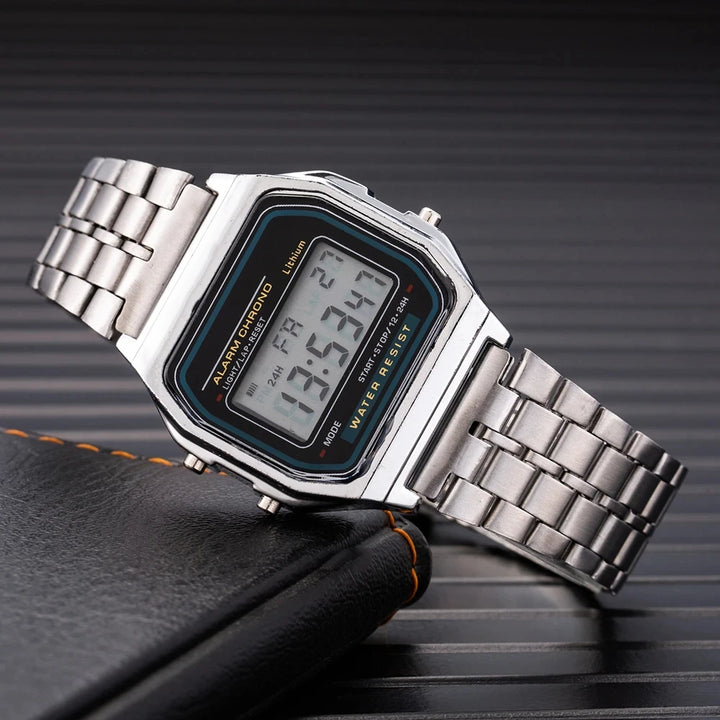 Relógio Digital Esportivo Unissex LED – Pulseira de Metal, Estilo Casual, Design Quadrado