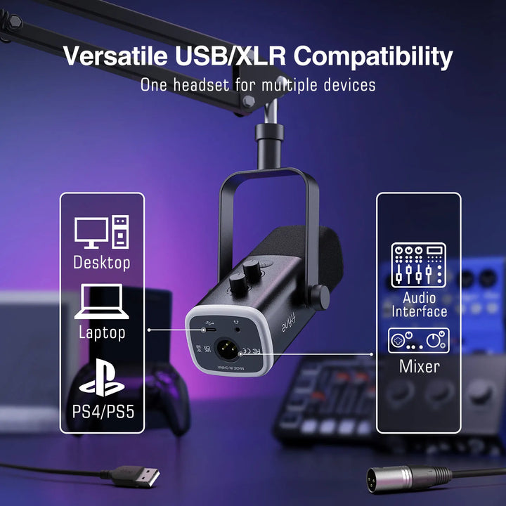 Microfone Gaming FIFINE XLR/USB com RGB, Suporte e Entrada para Headphone – Kit Dinâmico para PC, PS5/4