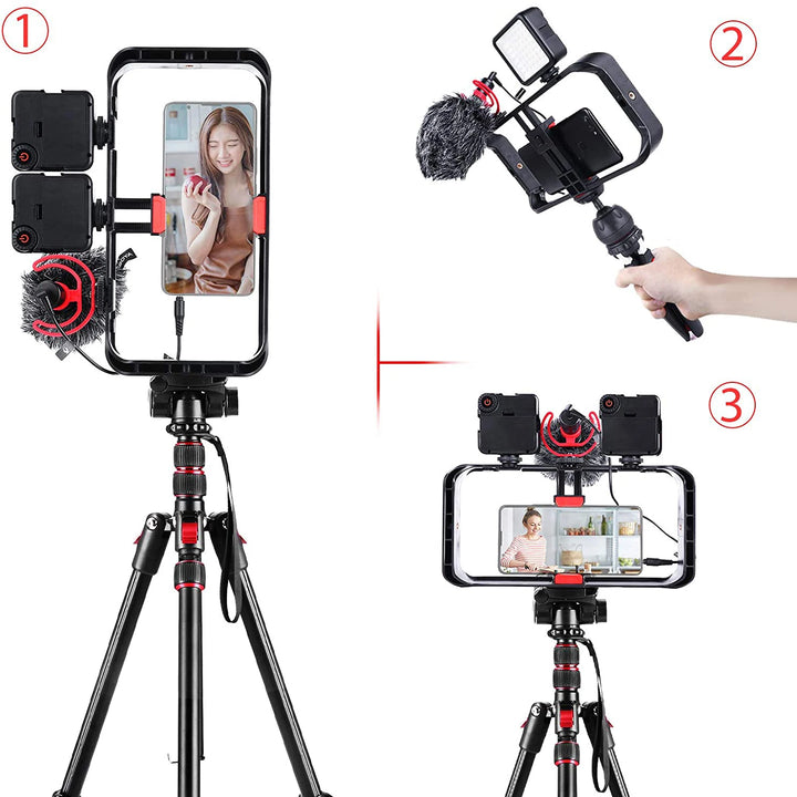 M-REMOTE Rig para smartphone com 3 suportes de sapata, estabilizador de vídeo handheld e suporte para tripé. Ideal para filmagens profissionais e gravações estáveis.