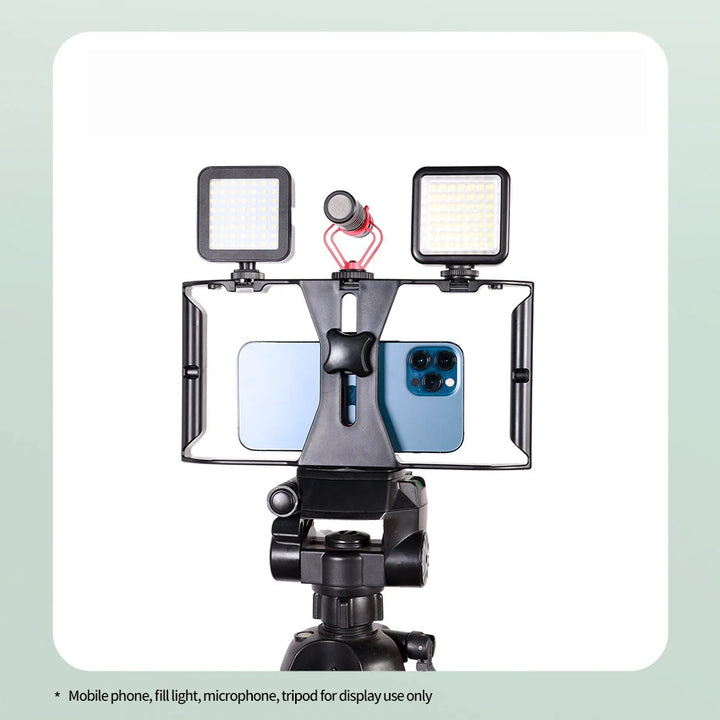 Suporte de Filmagem com Telemóvel – Gaiola Portátil com Duas Pegas e Suporte Cold Shoe para Vlogs, Vídeos e Diretos