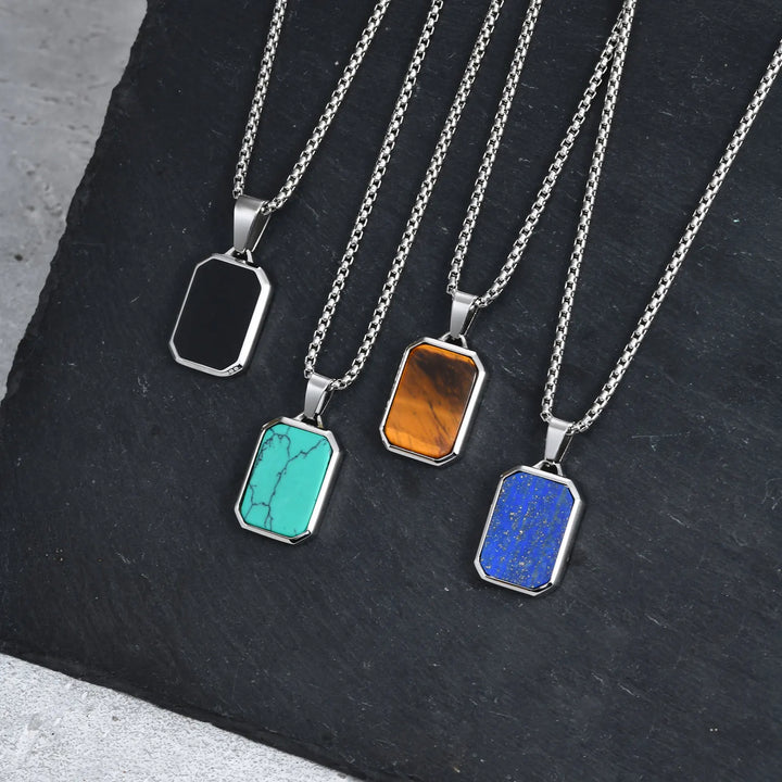 Trendy Pendant Necklaces for Men Boys,Square Natural Stone Stainless Steel Necklaces,New Hip Hop Cool Jewelry Gifts