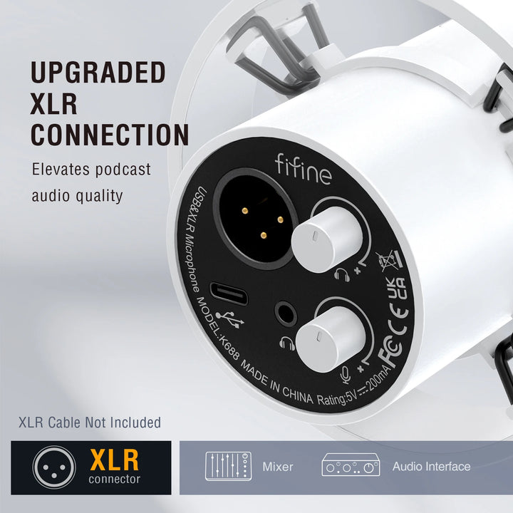 Microfone Dinâmico FIFINE K688W USB/XLR com Controle de Ganho, Touch Mute e Entrada para Fone de Ouvido – Ideal para Streaming e Gravação