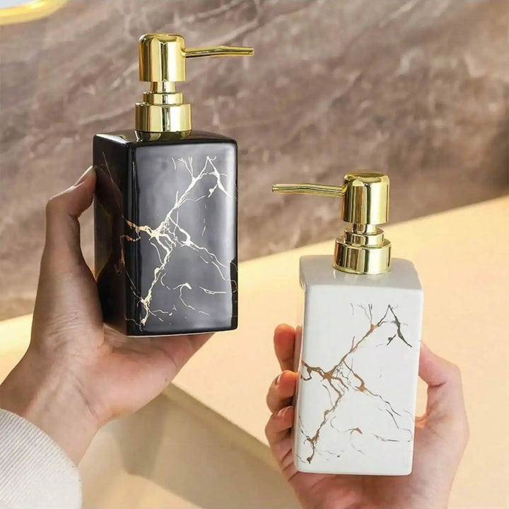 Dispensador de Sabonete Líquido em Cerâmica com Textura de Mármore – 350ml Recarregável