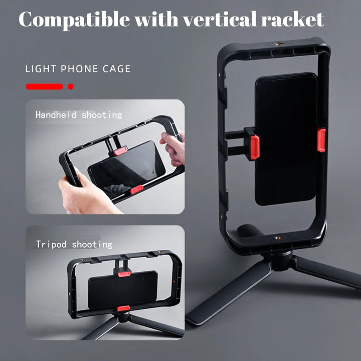 M-REMOTE Rig para smartphone com 3 suportes de sapata, estabilizador de vídeo handheld e suporte para tripé. Ideal para filmagens profissionais e gravações estáveis.