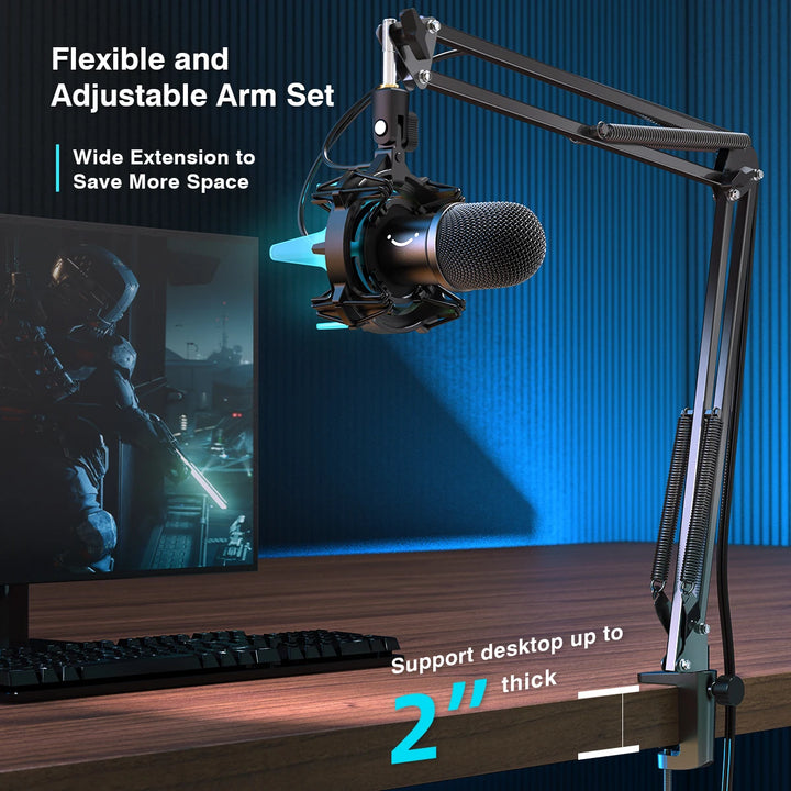Microfone Dinâmico USB FIFINE K651 com Braço Articulado, Iluminação RGB e Montagem Antichoque – Ideal para Streaming, Podcasts e Gaming no PC, PS4, PS5