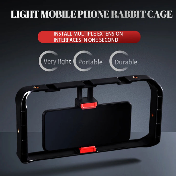 M-REMOTE Rig para smartphone com 3 suportes de sapata, estabilizador de vídeo handheld e suporte para tripé. Ideal para filmagens profissionais e gravações estáveis.