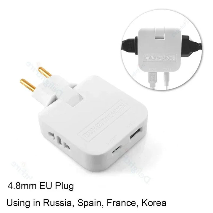 Adaptador de Tomada 4 em 1 com USB e Tipo C – Plug Europeu Giratório 180° | Extensor de Energia para Viagem e Uso Doméstico