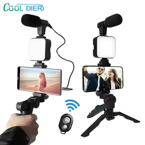 Kit Vlogging para Smartphone COOL DIER com Tripé, Suporte de Telemóvel, Microfone e Luz LED – Ideal para TikTok, YouTube e Lives