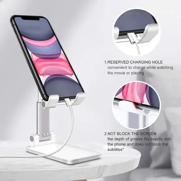 Suporte de Telemóvel Ajustável para Secretária – Compatível com iPhone, Samsung, Xiaomi, iPad e Tablets | Leve, Dobrável e Universal