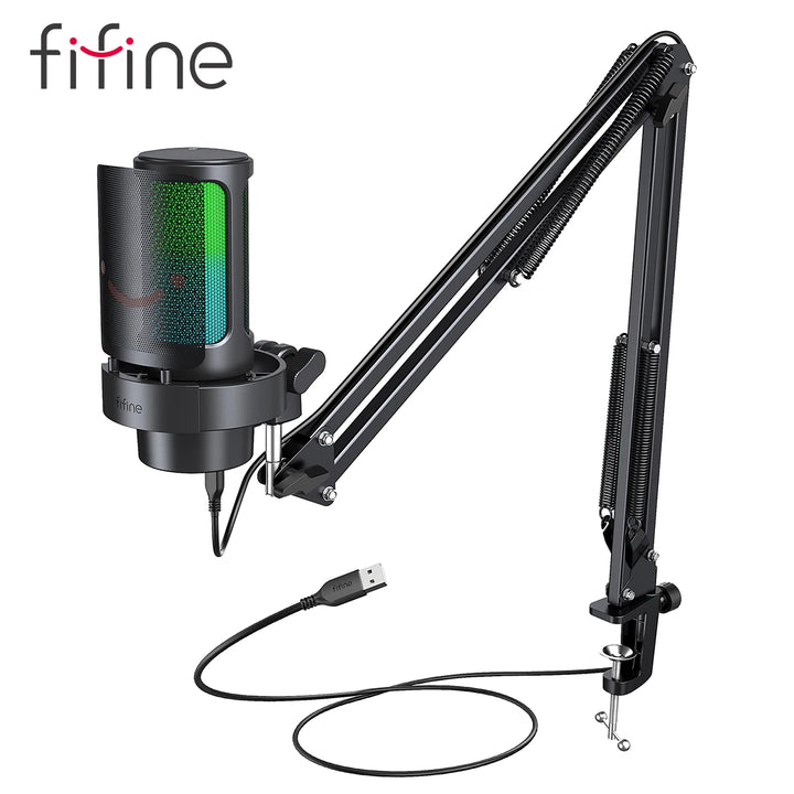 FIFINE A8T Microfone USB com Braço Articulado e Saída para Fone – Gravação Profissional em PC e Mac com Monitoramento em Tempo Real