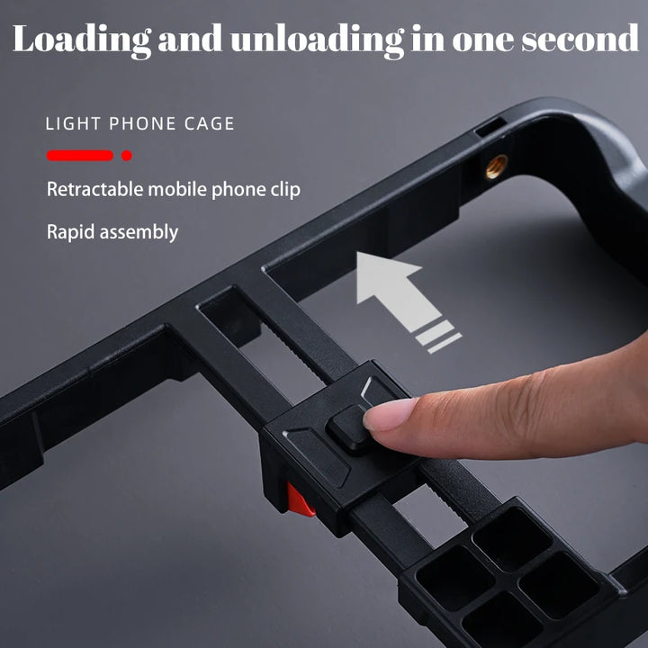M-REMOTE Rig para smartphone com 3 suportes de sapata, estabilizador de vídeo handheld e suporte para tripé. Ideal para filmagens profissionais e gravações estáveis.