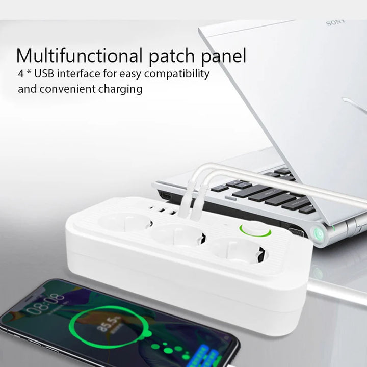 Extensão Elétrica com 3 Tomadas AC + USB Tipo-C | 2 Metros, Multitomada com Filtro de Rede – Ficha EU