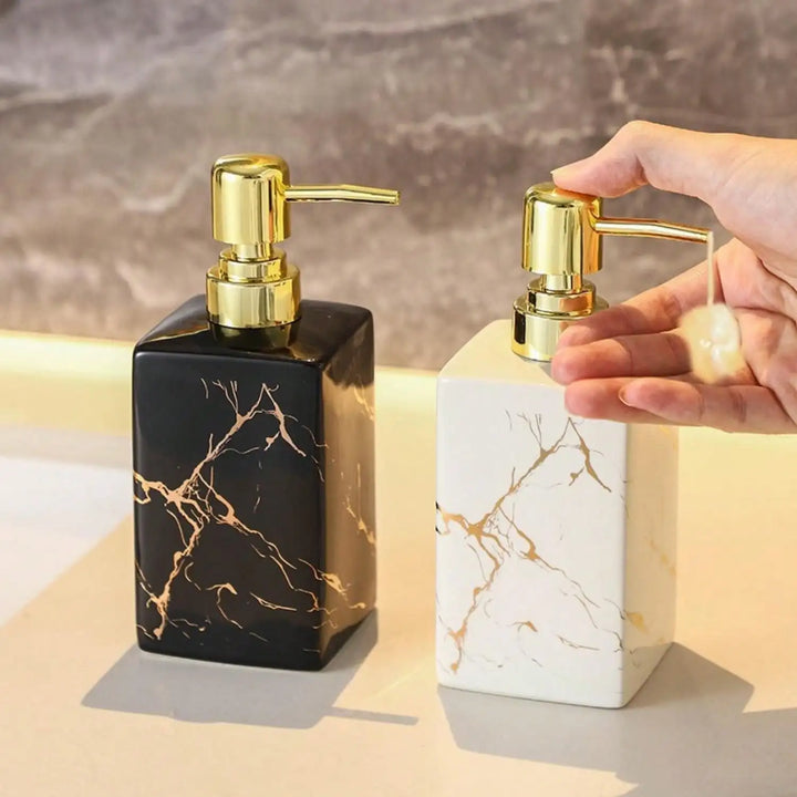 Dispensador de Sabonete Líquido em Cerâmica com Textura de Mármore – 350ml Recarregável