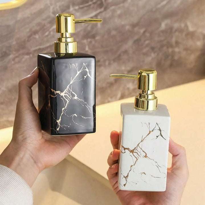 Dispensador de Sabonete Líquido em Cerâmica com Textura de Mármore – 350ml Recarregável