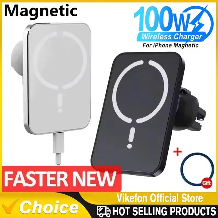 Suporte Carregador Wireless Magnético 100W para Carro – Compatível com iPhone 16/15/14/13/12 Pro Max – Suporte de Saída de Ar com Carregamento Rápido