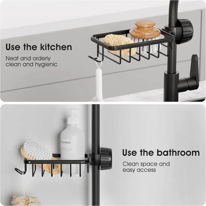Prateleira de Torneira Ajustável para Casa de Banho e Cozinha – Suporte para Champô, Sabonete, Esponjas e Panos