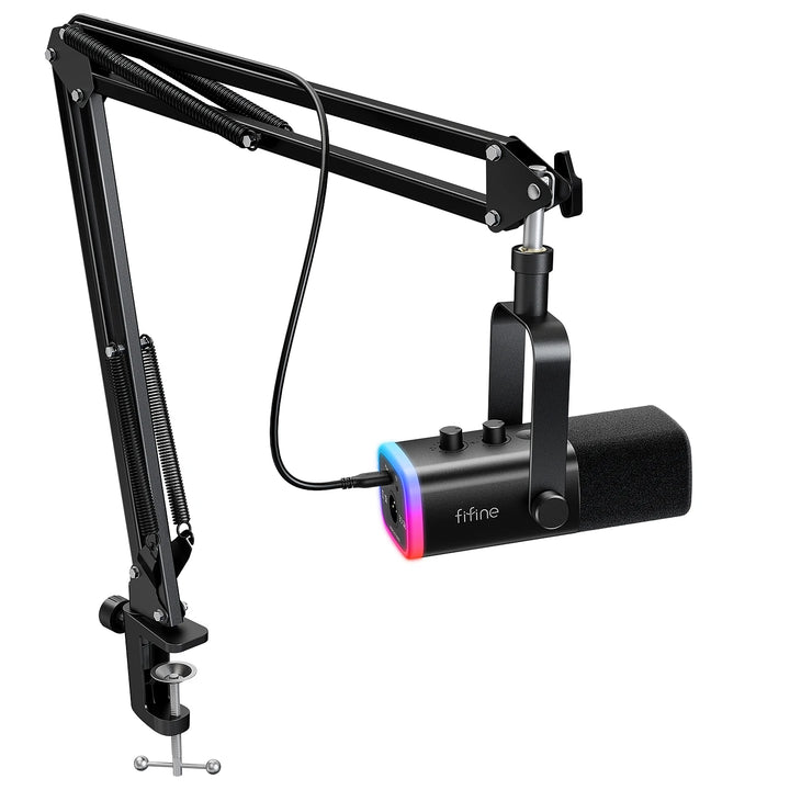 Microfone Gaming FIFINE XLR/USB com RGB, Suporte e Entrada para Headphone – Kit Dinâmico para PC, PS5/4