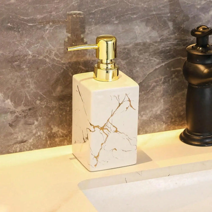 Dispensador de Sabonete Líquido em Cerâmica com Textura de Mármore – 350ml Recarregável