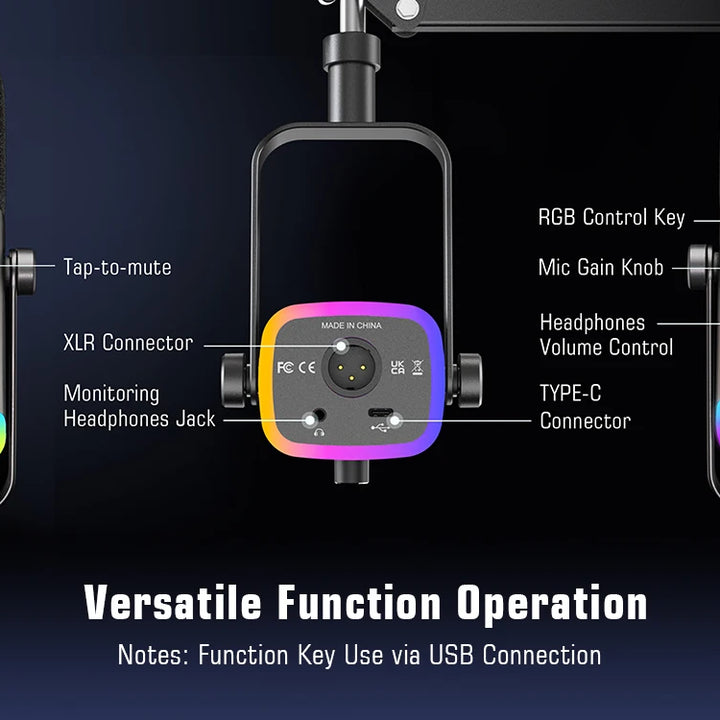 Microfone Gaming FIFINE XLR/USB com RGB, Suporte e Entrada para Headphone – Kit Dinâmico para PC, PS5/4