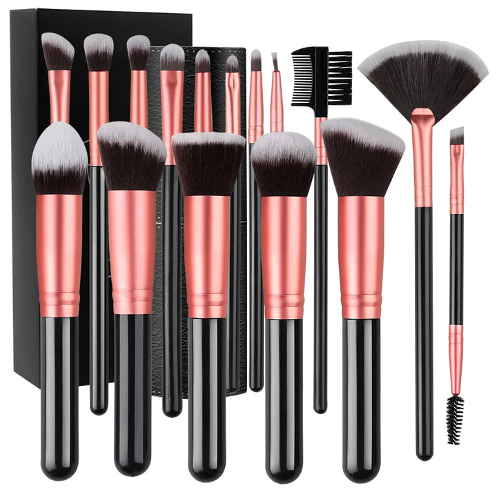 Conjunto Profissional de Pincéis de Maquiagem 14/16 Peças – Cerdas Macias para Olhos, Base, Blush e Corretivo