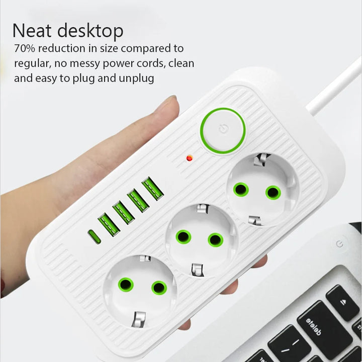 Extensão Elétrica com 3 Tomadas AC + USB Tipo-C | 2 Metros, Multitomada com Filtro de Rede – Ficha EU