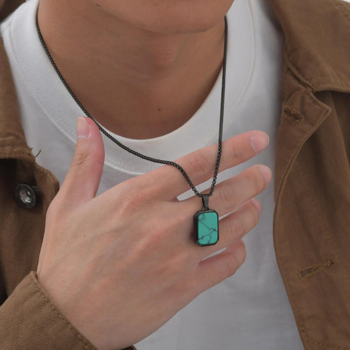 Trendy Pendant Necklaces for Men Boys,Square Natural Stone Stainless Steel Necklaces,New Hip Hop Cool Jewelry Gifts