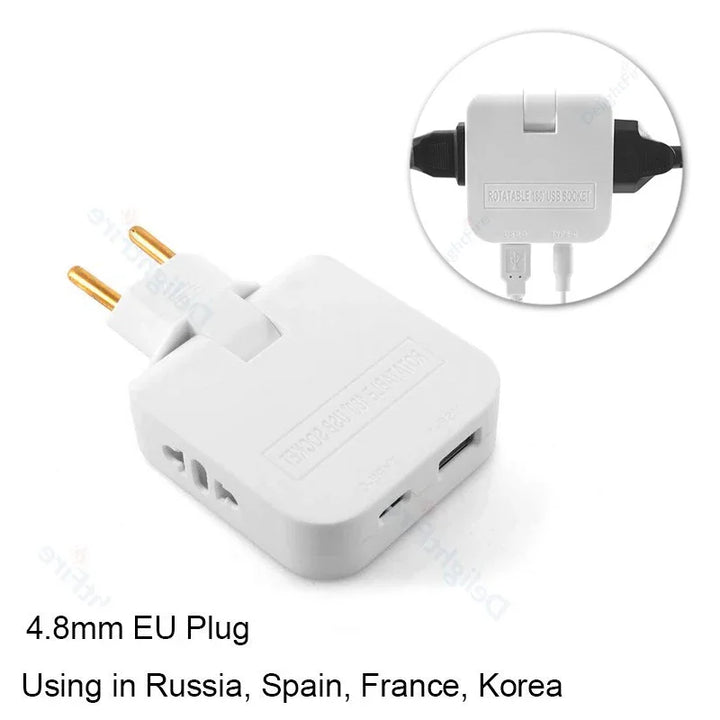 Adaptador de Tomada 4 em 1 com USB e Tipo C – Plug Europeu Giratório 180° | Extensor de Energia para Viagem e Uso Doméstico
