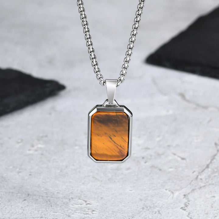 Trendy Pendant Necklaces for Men Boys,Square Natural Stone Stainless Steel Necklaces,New Hip Hop Cool Jewelry Gifts