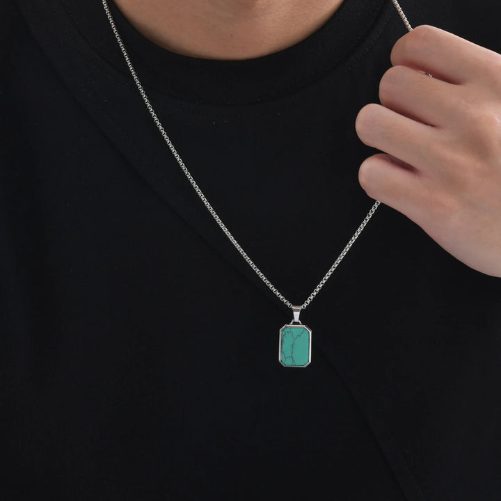Trendy Pendant Necklaces for Men Boys,Square Natural Stone Stainless Steel Necklaces,New Hip Hop Cool Jewelry Gifts